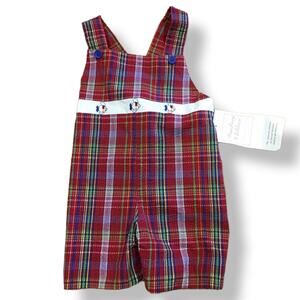 Strasburg Boys Shortalls Size 3 Red Plaid Seersucker Fish Overalls NEW